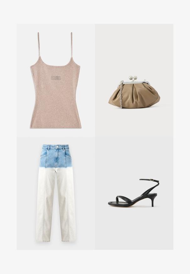 Ribbet, beige top med tynde justerbare stropper. Har en firkantet udskæring og en lille trykt detalje nær midten.; Denim jeans har en blå topdel, der falmer til hvid. Høj Taljede design, lige ben silhuet og synlige syning detaljer.; Sort damesandal i læder med tynde remme, en tå-loop, ankelspænde og en mellemhøj stiletthæl på en neutral baggrund.; Læderclutch i blød beige med afrundet form, plisseret tekstur, sølvfarvet kiss-lock lukning og aftagelig kæderem.