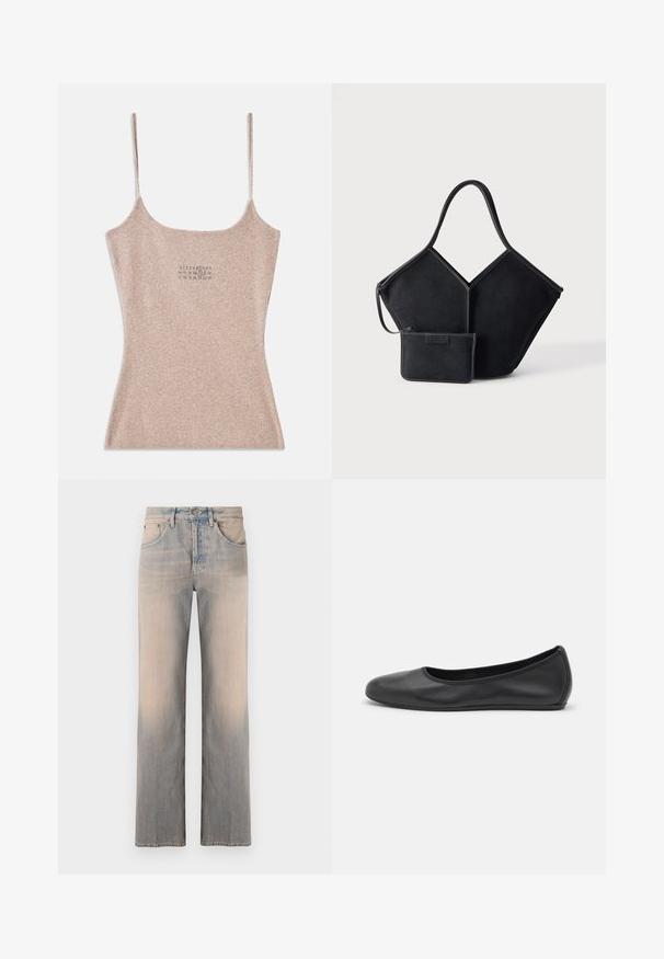 Top sin mangas beige acanalado con tirantes delgados ajustables. Presenta un escote cuadrado y un pequeño detalle impreso cerca del centro.; Jeans de mezclilla azul claro con un diseño de pierna recta, que cuentan con bolsillos frontales, un ligero desgaste y una cintura estándar con un botón de metal.; Bailarina de piel negra con punta redondeada, textura suave, detalle de costura minimalista y diseño de suela flexible.; Bolsa tote geométrica negra con un asa ancha única y un pequeño monedero con cremallera a juego adjunto, sobre un fondo claro y llano.