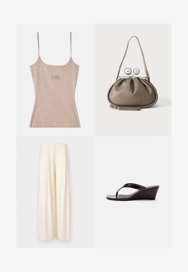 Geribbelde, beige tanktop met dunne verstelbare bandjes. Heeft een vierkante halslijn en een klein gedrukt detail nabij het midden.; Norma Kamali MENS PLEAT - Broek - cream; Bruine lakleren sleehaksandaal met teenslipperbandje en open teen, zijaanzicht tegen een effen achtergrond.; Grijze leren handtas met afgeronde vorm, bovenste sluiting met twee grote zilveren bollen en een enkele schouderriem.