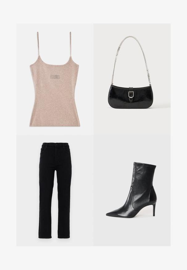 Débardeur beige à côtes avec des fines bretelles réglables. Il présente un décolleté carré et un petit motif imprimé près du centre.; Jeans en denim noir avec des jambes droites, une taille mi-haute et cinq poches. Comprend une fermeture à bouton à l'avant et des passants de ceinture.; Bottes noires à la cheville en cuir lisse, dotées d'un bout pointu, d'un tige ajustée et d'un talon haut fin. Design minimaliste sans quincaillerie visible.; Sac à épaule en cuir verni noir avec détail de boucle argentée et bandoulière en chaîne argentée, présenté sur un fond uni clair.