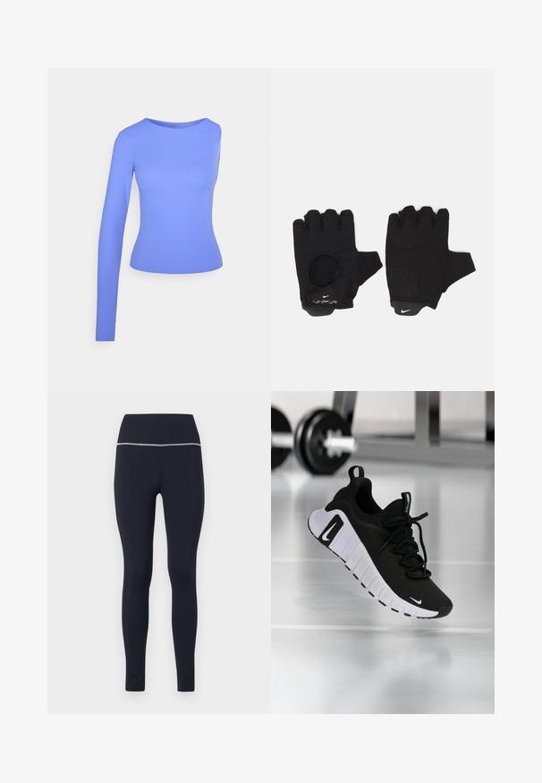 Langærmet blåt top lavet af glat stof. Har en rundet halsudskæring og en figursyet silhuet med én ærme i fuld længde.; Marineblå tætsiddende leggings lavet af strækbart stof, med en bred talje med reflekterende kant langs toppen for synlighed.; Sort atletiksko med en tekstureret stofoverdel, hvid sål og fremtrædende snøresystem. Indeholder en Nike-logo og et blødt, polstret design.; Sorte fingerløse handsker med et tekstureret design. Lavet af et åndbart materiale, med en tommelfingeråbning og forstærket håndflade for bedre greb.