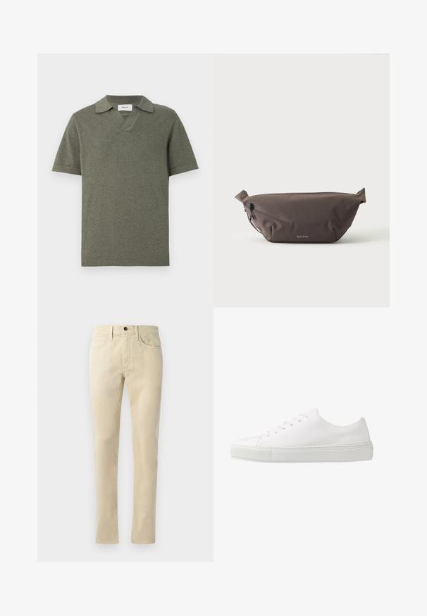 Olijfgroene polo met korte mouwen van zachte stof, met een v-hals en een platte kraag en een ontspannen pasvorm. Gladde textuur.; Beige rechte broek van een katoenmengsel. Heeft een vijfzakkenontwerp, riemlussen en een zwarte knoopsluiting op de taille.; Witte leren sneaker met een gladde afwerking, ronde neus en zes oogjes voor veters. Voorzien van een getextureerde rubberen zool en een minimalistisch ontwerp.; Donkerbruine stoffen heuptas met diagonale ritssluiting en klein wit logo aan de voorkant, tegen een effen lichte achtergrond.