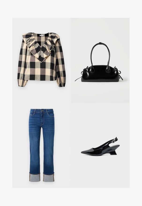 Schwarz-beige karierte Bluse mit V-Ausschnitt und Rüschendetails an den Schultern. Lange Ärmel mit elastischen Bündchen. Weicher Stoff.; Blaue Denim-Jeans mit geradem Bein und aufgerollten Säumen in Hellgrau. Mittlere Leibhöhe und traditionelles Fünf-Taschen-Design.; Schwarzer Slingback-Schuh aus Lackleder mit spitzer Spitze und niedrigem, schrägem Blockabsatz auf einfachem hellem Hintergrund.; Kleine schwarze glänzende Handtasche mit zwei langen Griffen und seitlichen Kordelzug-Details vor einfachem hellem Hintergrund.