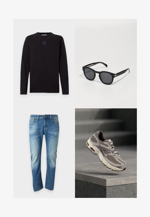 Zwarte langekleurige t-shirt met lange mouwen en een ronde hals, voorzien van kleine blauwe "SAMSOE SAMSOE" tekst die twee keer op de borst is gedrukt.; Blauwe vervaagde rechte denimjeans met vijf zakken, knoopsluiting en zichtbare naaddetails aan de voorkant.; Grijze en beige Nike hardloopschoen zweeft in de lucht boven een betonnen richel met onscherpe trappen op de achtergrond.; Zwarte zonnebril met ronde lenzen, een dik montuur en subtiele zilveren accenten. Glanzende afwerking met een soepele textuur. Stijlvol klassiek ontwerp.