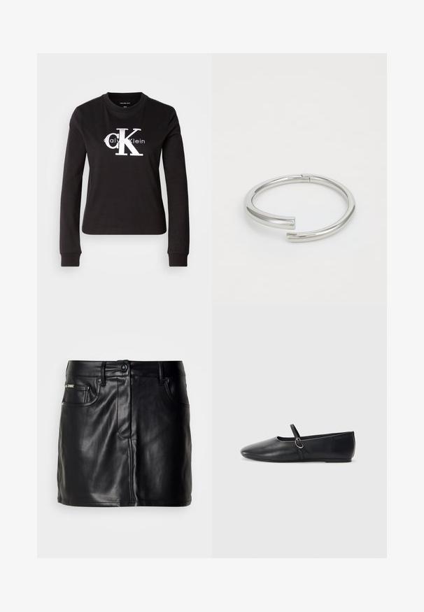 Čierne tričko s dlhým rukávom vyrobené z bavlny. Na prednej strane sa nachádza biele logo "Calvin Klein" a malé dizajn "CK". Klasický strih s okrúhlym výstrihom.; Čierna kožená mini sukňa s prispôsobeným strihom, so vstavanými prednými vreckami, zapínaním na gombík a hladkým povrchom.; Čierne kožené baletky s špicatou špičkou, plochou podrážkou a malým remienkom so striebornou prackou.; Calvin Klein SPIRAL - Náramok - silver-coloured