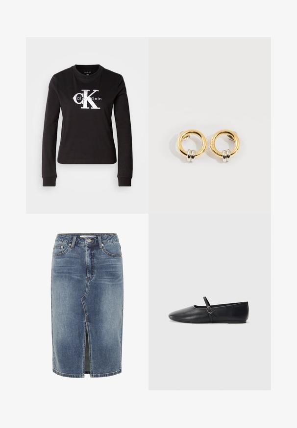 Camiseta de manga larga negra de algodón. Presenta un logo blanco de "Calvin Klein" y un pequeño diseño de "CK" en el frente. Estilo clásico de cuello redondo.; Falda de mezclilla azul hasta la rodilla con una abertura en el centro delantero, diseño de cinco bolsillos y cierre de botón en la cintura.; Bailarinas de cuero negro con punta afilada, suela plana y una pequeña correa con detalle de hebilla plateada.; Pendientes circulares de oro con dos pequeños anillos de plata en cada uno, que muestran detalles sutiles del nombre de la marca grabado, colocados sobre un fondo blanco.