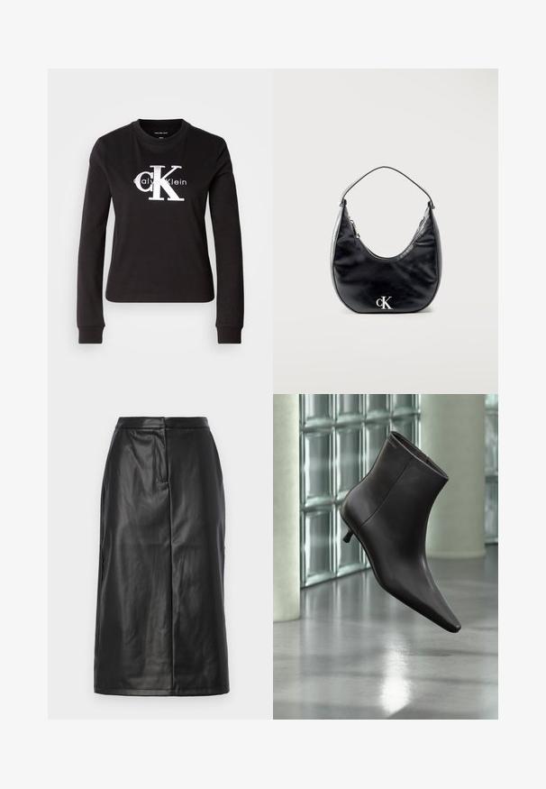 Camiseta de manga larga negra de algodón. Presenta un logo blanco de "Calvin Klein" y un pequeño diseño de "CK" en el frente. Estilo clásico de cuello redondo.; Falda de cuero negra con una silueta ajustada, que presenta una textura suave, diseño de longitud media y detalles de costura sutiles. Sin acentos de herrajes.; Bota de cuero negro para el tobillo con puntera puntiaguda y tacón pequeño, exhibida frente a una pared de bloques de vidrio y un suelo pulido.; Bolso de mano de cuero negro en forma de media luna con asa corta y logotipo "cK" plateado en el frente, cierre de cremallera en la parte superior.