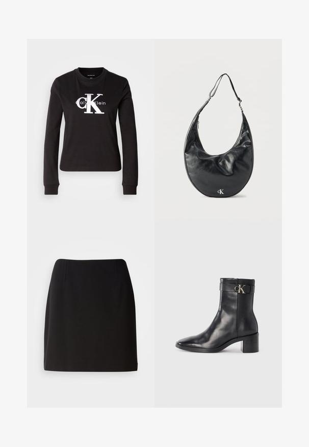 Camiseta de manga larga negra de algodón. Presenta un logo blanco de "Calvin Klein" y un pequeño diseño de "CK" en el frente. Estilo clásico de cuello redondo.; Falda negra con una silueta ajustada, hecha de una tela suave. Presenta sutiles pliegues frontales y un diseño de longitud a mitad del muslo.; Bota de tobillo de cuero negra con punta afilada, tacón cuadrado y una correa con un detalle de logo metálico. Textura suave y diseño minimalista.; Bolso de cuero negro en forma de media luna con correa ajustable y logotipo plateado "cK" en el frente, sobre fondo blanco.