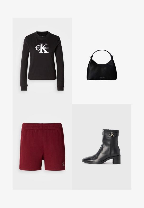 Zwarte longsleeve t-shirt gemaakt van katoen. Beschikt over een witte "Calvin Klein" logo en klein "CK" ontwerp op de voorkant. Klassieke crew neck stijl.; Bordeaux sportshorts van een zachte katoenmix, met een elastische tailleband en een klein logoaccent op de onderzoom.; Zwarte leren enkellaars met een spitse neus, blokhak en een bandje met een metallic logo. Gladde textuur en minimalistisch ontwerp.; Zwarte gestructureerde leren handtas met een enkele schouderband en zilveren Calvin Klein-logo aan de voorkant, ritssluiting aan de zijkant.