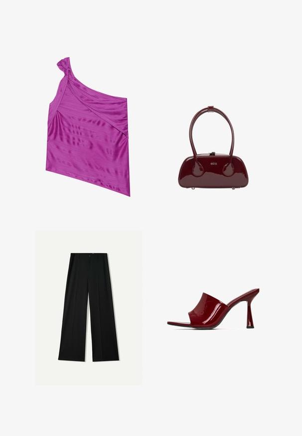 Asymmetrische top met één schouder van glad, zacht, levendig paarse stof, met een gedraaide knoopdetail op de schouder en een flatterende gedrapeerde textuur.; Bershka WIDE - Broek - black; Rode gepatenteerde leren muiltjes met een open teen, gebogen bovenkant en een slanke hak. Zachte textuur met een glanzende afwerking en een minimalistisch ontwerp.; Rode gepatineerde leren handtas met een gebogen vorm, twee ronde handgrepen en een klapsluiting. Voorzien van het ingekraste merklogo op de voorkant.