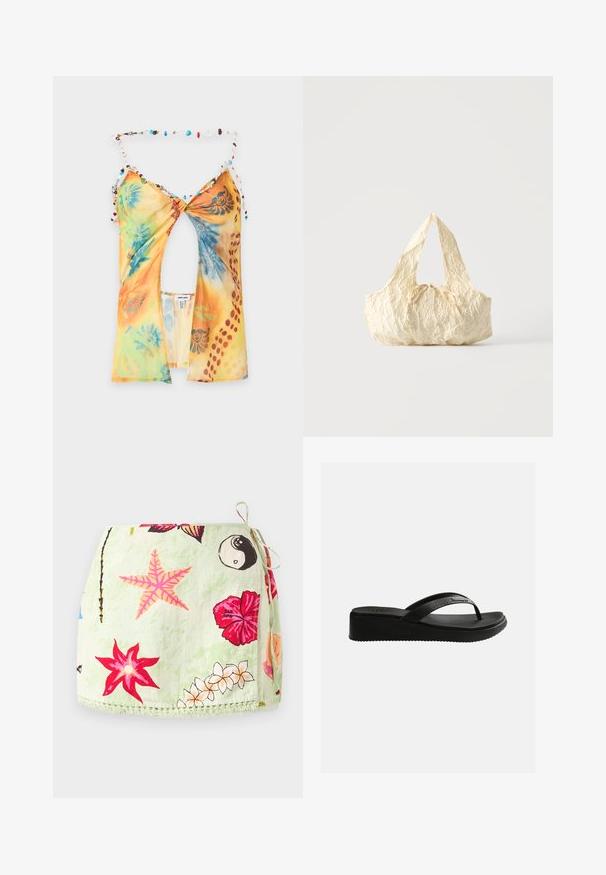 Haut à col halter à motif tie-dye avec découpe devant et bretelles perlées dans des tons bleus, jaunes, orange et rouges.; Jupe portefeuille vert clair avec lien sur le côté, ornée d’imprimés d’étoiles de mer roses, de fleurs d’hibiscus rouges, de plumerias blancs et du symbole yin-yang.; Sandale tongs compensée noire avec semelle texturée et fines lanières arborant un logo discret sur un fond blanc uni.; Sac à main en tissu texturé couleur crème avec des anses sur le dessus et un petit nœud noué au centre devant.