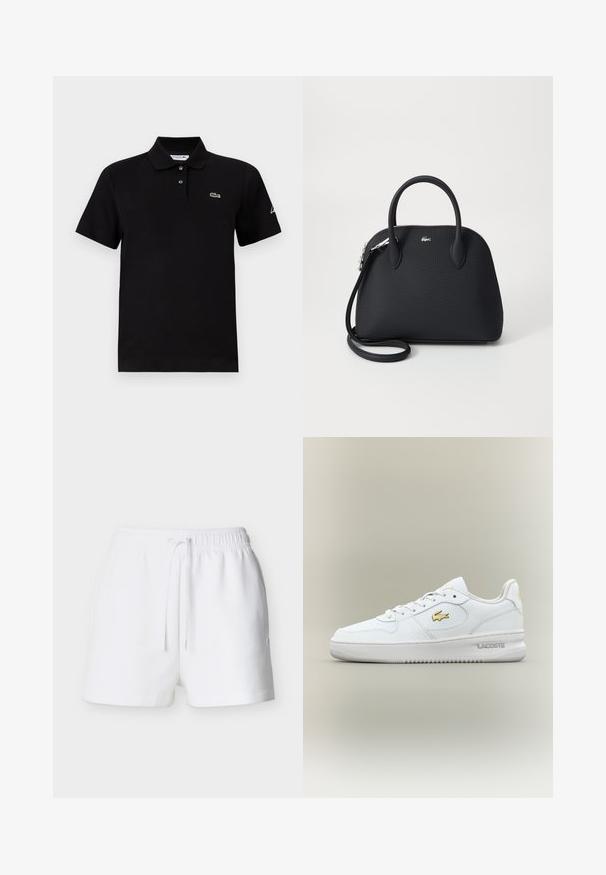 Polo noir manches courtes avec deux boutons, un col, petit logo crocodile vert sur la poitrine et inscription blanche sur la manche gauche.; Shorts à taille élastique blanche avec cordon de serrage, ourlet droit et petit logo sur le côté droit.; Baskets Lacoste basses blanches avec logo doré sur le côté, lacets blancs et semelle en caoutchouc sur un fond neutre.; Sac à main noir en matériau texturé, doté de deux poignées supérieures et d'une bandoulière amovible, avec un accent logo en argent.