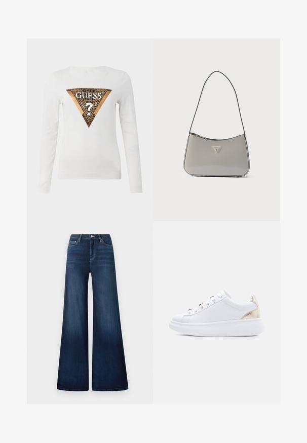 Camisa blanca de manga larga con un gran logo triangular metálico dorado y estampado de leopardo de Guess, y el texto "GUESS U.S.A." centrado en el pecho.; Vaqueros de pierna ancha azul oscuro con una cintura alta, hechos de denim, con un ligero desgaste, bolsillos delanteros y un cierre de botón clásico.; Zapatilla blanca de corte bajo con suela gruesa, detalle en el talón dorado metálico y ojales de metal sobre un fondo gris claro.; Bolso de hombro de cuero sintético gris con un diseño curvo, ribete negro y una placa con logo plateada en el frente. Correa ajustable para uso versátil.