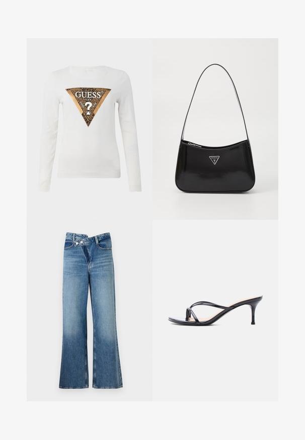 Hvid langærmet skjorte med et stort metallic guld og leopardprint trekantet Guess-logo og teksten "GUESS U.S.A." centreret på brystet.; Lysblå denim flared jeans med høj talje, der har to knapper og forlommer. Stoffet har en falmet struktur med subtile variationer.; Sort laklædersandal med hæl, tynde krydsede remme og en slank mellemhøj stilethæl på en hvid baggrund.; Sort patenteret læder skuldertaske med en buet form, prydet med et sølvfarvet trekantet logo og en lynlås-lukning. Glat tekstur og slank rem.