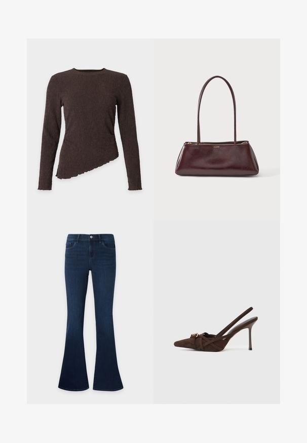 Haut à manches longues côtelé marron foncé avec encolure ronde et ourlet asymétrique à bords festonnés sur fond uni.; Jean en denim bleu foncé avec une taille haute et des jambes évasées, avec poches avant, passants de ceinture et fermeture par bouton.; Chaussures à talons hauts en daim marron avec bride arrière, bout pointu, dotées de brides croisées et d'une boucle dorée en guise d'accent.; Sac à main rectangulaire en cuir marron foncé avec longues lanières fines et fermeture éclair dorée, marqué ALDO au centre devant.