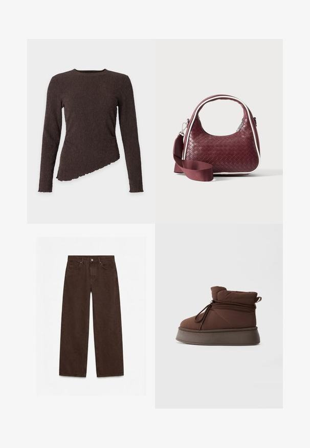 Dunkelbraunes, langärmeliges, geripptes Top mit rundem Ausschnitt und asymmetrischem Saum mit wellenförmigen Kanten auf einfarbigem Hintergrund.; Dunkelbraune High-Waist Straight-Leg-Hose mit Vorderknopf, Reißverschluss, Gürtelschlaufen und Fünf-Taschen-Design.; Braune gepolsterte Winterstiefel mit dicker Sohle und Schnürverschluss mit Zugband vor einem schlichten hellen Hintergrund.; Dunkelrote gewebte Ledertasche mit gebogenem Griff, weißem Besatz, silbernem Reißverschluss und abnehmbarem breitem Stoff-Schulterriemen vor einfarbigem Hintergrund.