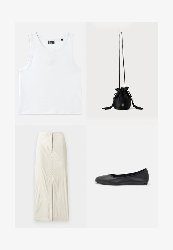 Hvid tanktop lavet af bomuld, med rund halsudskæring, ærmehulder og et lille præget logo i midten foran. Glat tekstur.; Lys beige, knælang nederdel lavet af glat, tekstureret stof. Har en frontslids og en knaplukning i taljen.; Sort læderballetsko med rund tå, glat tekstur, minimal syning og et fleksibelt såldesign.; Sort snørelukket bucket-taske med lang tynd rem og lille gyldent firkantet logo foran, vist mod en ensfarvet baggrund.