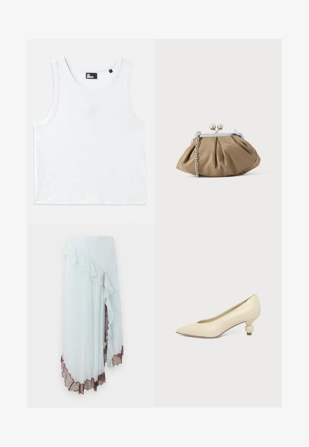 Witte tanktop van katoen, met een ronde halslijn, armsgaten en een klein reliëflogo aan de voorkant in het midden. Glad textuur.; Lichtblauwe wikkelrok met verticale witte strepen, voorzien van een gegolfde rand en ingewikkelde bruine kantafwerking aan de zoom.; Dames schoen in roomkleur met een puntige neus en een lage, ronde balvormige hak op een effen achtergrond.; Leren clutch in zacht beige met een afgeronde vorm, geplooide textuur, zilveren kiss-lock sluiting en een afneembare kettingriem.