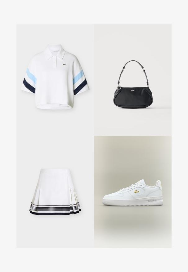 Witte cropped poloshirt met lichtblauwe en marineblauwe strepen op de mouwen en een klein groen krokodillenlogo op de borst.; Witte geplooide rok met zwarte horizontale strepen vlak bij de zoom en een kleine knoop aan de tailleband, getoond op een effen achtergrond.; Witte lage Lacoste sneaker met gouden logo aan de zijkant, witte veters en rubberen zool tegen een neutrale achtergrond.; Zwarte schoudertas met verstelbare riem, ritssluiting en klein zilverkleurig krokodillenlogo aan de voorkant in het midden.