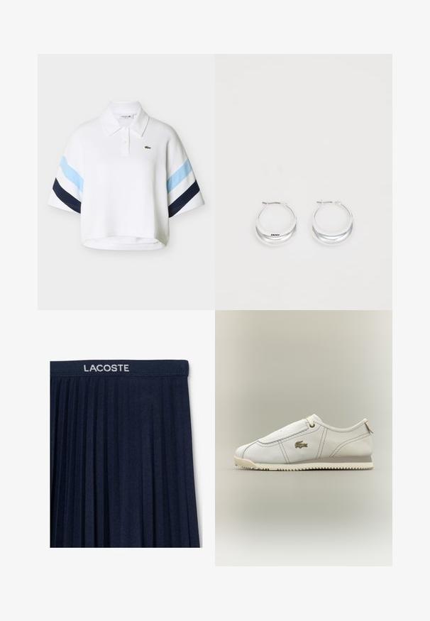 Hvid cropped polo skjorte med lyseblå og marineblå striber på ærmerne og lille grønt krokodillelogo på brystet.; Marinblå plisseret nederdel med elastisk talje og hvid "LACOSTE" logo. Blød stofstruktur med lodrette plisseringer for bevægelse.; Hvid lav sneakers med beige sål, syningdetaljer, Lacoste krokodillelogo på siden og minimal snørebånd på ensfarvet baggrund.; Sølv hoops øreringe med en poleret overflade og DKNY branding, præsenteret mod en simpel hvid baggrund.
