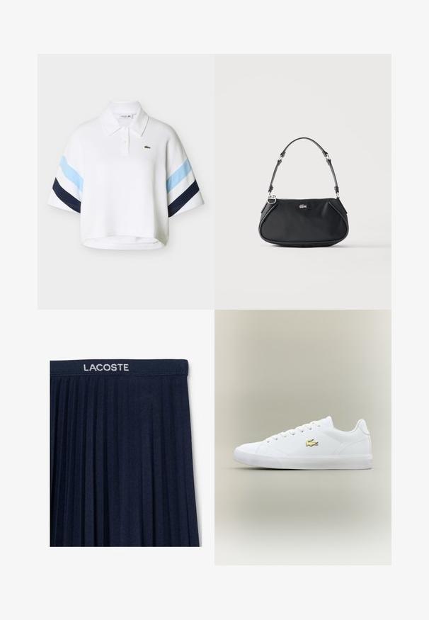 Hvid cropped polo skjorte med lyseblå og marineblå striber på ærmerne og lille grønt krokodillelogo på brystet.; Marinblå plisseret nederdel med elastisk talje og hvid "LACOSTE" logo. Blød stofstruktur med lodrette plisseringer for bevægelse.; Hvid sneaker lavet af glat læder med en rund tå, flade snørebånd og et lille guld logo. Har en struktureret gummisål og et enkelt design.; Sort skuldertaske med justerbar rem, lynlås og lille sølv krokodille logo foran i midten.