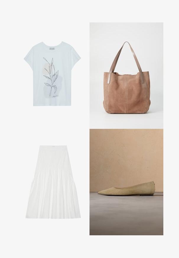 T-shirt blanc à manches courtes avec un design de contour de feuille en noir et des formes abstraites beige doux. Texte "Amour des plantes" en bas.; Jupe blanche, arrivant au genou, en coton. Présente des détails froncés à la taille, une texture lisse et une silhouette A-line simple et classique.; Chaussure plate beige à bout pointu avec une semelle noire flottant au-dessus d'un tapis beige texturé, avec un canapé beige rembourré en arrière-plan.; Anna Field by Zalando LEATHER - Cabas - taupe
