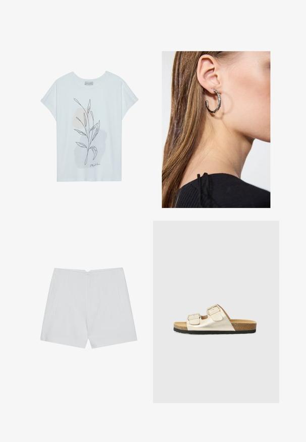 Hvid kortærmet T-shirt med en bladoverlinje-design i sort og bløde beige abstrakte former. "Plant love" tekst i bunden.; Hvide shorts med et skræddersyet design, flad front, to sidelommer og en ren kant. Fremstillet af et glat stof uden synlige mønstre.; To-buckle slide-sandaler i metallisk guld, med en korksål og sort gummisål. Har et fladt design og en glat overflade.; Sølv hoop ørestik med en poleret overflade, prydet med små guld accenter og en rund form, båret på øreflippen.