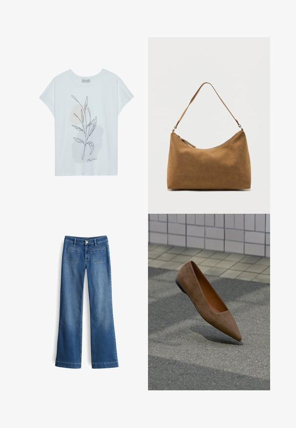 Witte T-shirt met korte mouwen, voorzien van een bladomrissingsontwerp in zwart en zachte beige abstracte vormen. Onder aan staat de tekst "Plant love".; Vervaagde blauwe denim wijde pijpen jeans met een knoopsluiting, riemlussen en twee achterzakken. Soepele textuur met een klassieke vijf-pocket ontwerp.; Bruine suède platte schoen met spitse neus zweeft boven asfalt met betegelde muur en stoep op de achtergrond.; Bruine suède schoudertas met een enkele band en een ritssluiting aan de bovenkant, gepresenteerd tegen een effen witte achtergrond.