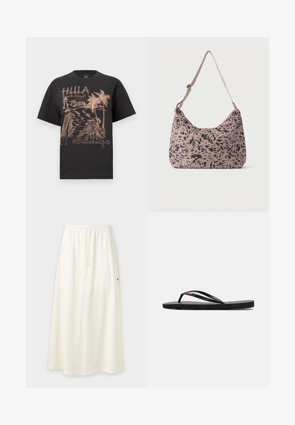 Camiseta negra con un diseño tropical que presenta una bailarina de hula, palmeras, montañas y el texto "Hula Beach Resort" y "Billabong".; Falda larga y holgada blanca con sutil estampado floral, cinturilla elástica con cordón y pequeño logotipo negro en el lado derecho.; Chanclas negras con suela plana, que presentan correas delgadas y una plantilla texturizada. Pequeño logo en la correa. Diseño simple y minimalista.; Bolso de hombro rosa claro con patrón de manchas negras abstractas y correa ajustable, con un pequeño logo de Puma dorado en el centro delantero.