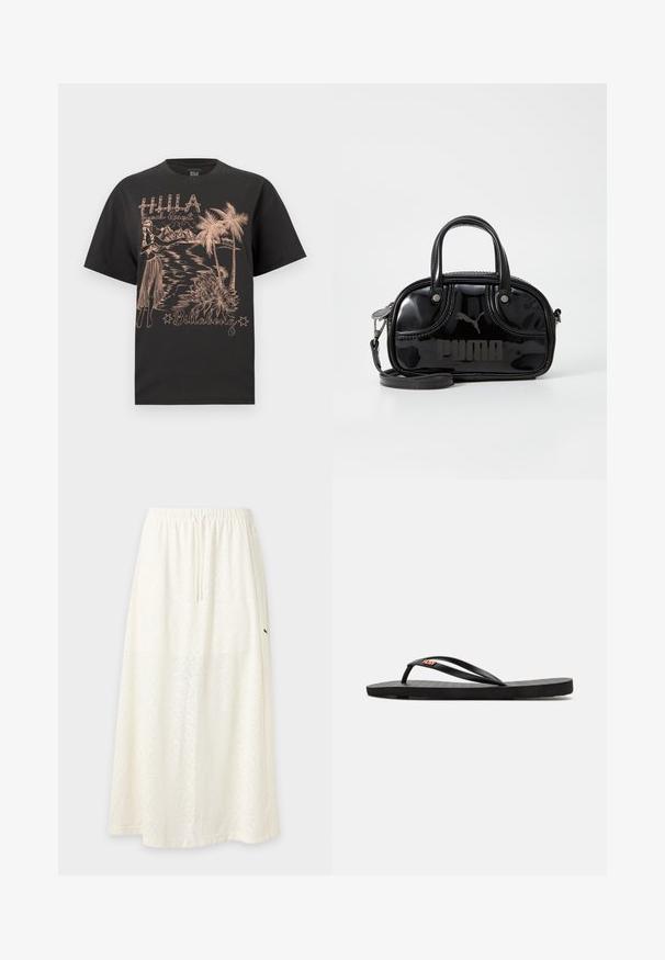 Camiseta negra con un diseño tropical que presenta una bailarina de hula, palmeras, montañas y el texto "Hula Beach Resort" y "Billabong".; Falda larga y holgada blanca con sutil estampado floral, cinturilla elástica con cordón y pequeño logotipo negro en el lado derecho.; Chanclas negras con suela plana, que presentan correas delgadas y una plantilla texturizada. Pequeño logo en la correa. Diseño simple y minimalista.; Bolso de mano de charol negro con dos asas superiores, correa para el hombro desmontable, forma redondeada y destacado logo en relieve de "PUMA".