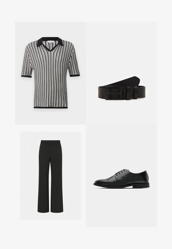 Chemise tricotée à manches courtes rayée verticalement noir et blanc avec col noir, encolure en V et bordure aux manches et à l'ourlet.; Pantalon noir à jambes larges avec fines rayures verticales blanches, bouton et passants à la taille.; Chaussure habillée noire en cuir avec un bout rond, un laçage, des détails de couture subtils et un petit talon. Texture lisse avec une finition polie.; Ceinture en cuir noir roulée avec une boucle en métal rectangulaire noir mat et deux passants sur fond blanc.