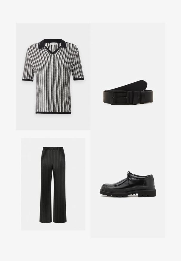 Chemise tricotée à manches courtes rayée verticalement noir et blanc avec col noir, encolure en V et bordure aux manches et à l'ourlet.; Pantalon noir à jambes larges avec fines rayures verticales blanches, bouton et passants à la taille.; Chaussures derby en cuir noir au design élégant, bout rond et semelle en caoutchouc texturé avec des rainures profondes pour une meilleure traction.; Ceinture en cuir noir roulée avec une boucle en métal rectangulaire noir mat et deux passants sur fond blanc.