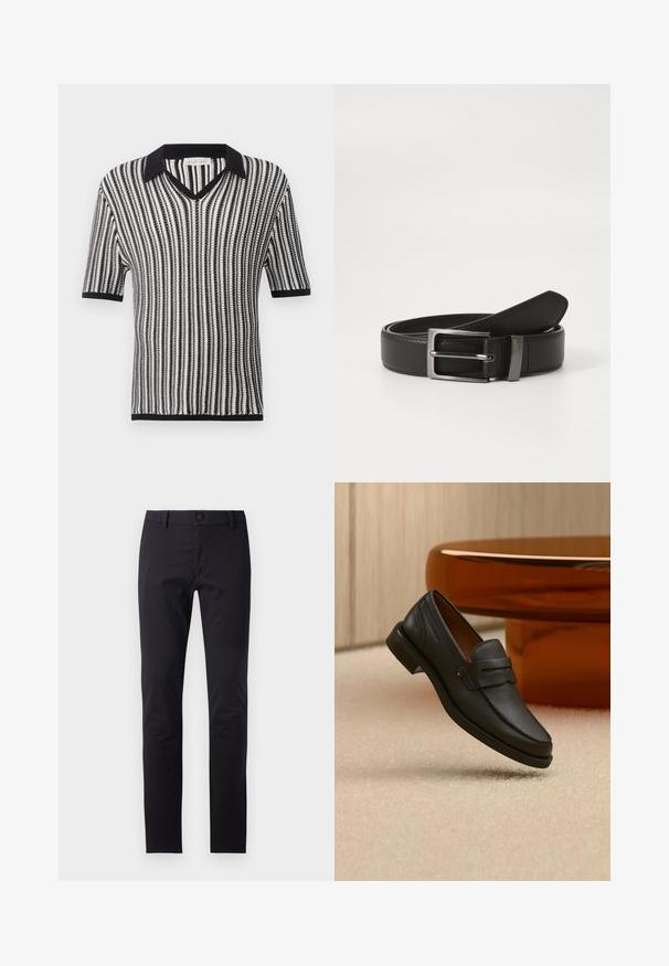 Chemise tricotée à manches courtes rayée verticalement noir et blanc avec col noir, encolure en V et bordure aux manches et à l'ourlet.; Pantalons noirs en tissu lisse, présentant une coupe slim, une fermeture à bouton et des poches standard sans motifs ni accents visibles.; Mocassin homme en cuir noir avec une bande sur le dessus, présenté sur un tapis beige près d'une table ronde moderne marron.; Ceinture en cuir noir avec une boucle en métal argenté, présentant une finition lisse et un design classique. La ceinture est soigneusement pliée.