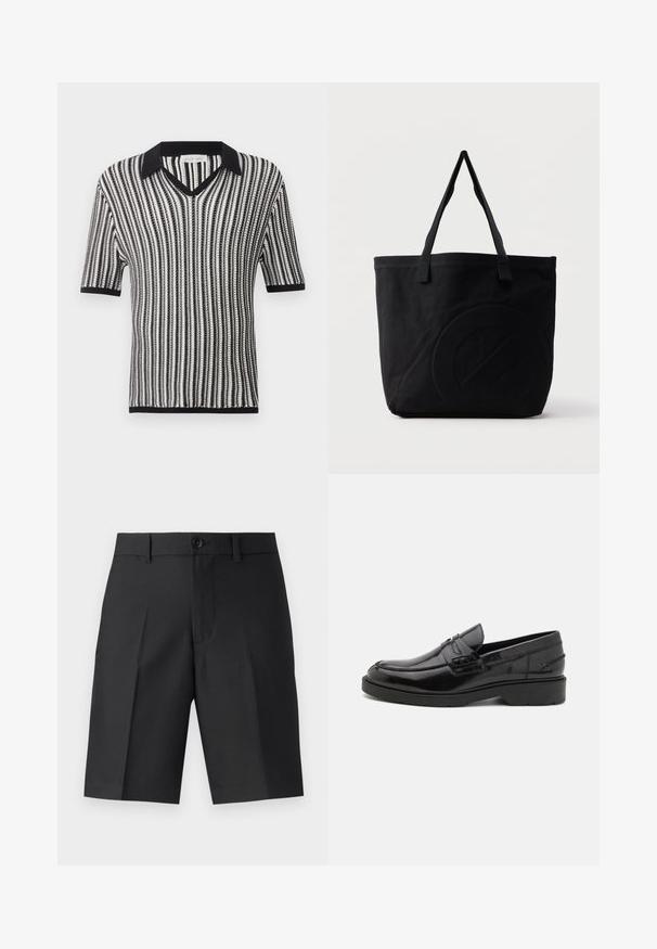 Chemise tricotée à manches courtes rayée verticalement noir et blanc avec col noir, encolure en V et bordure aux manches et à l'ourlet.; Shorts noirs ajustés en tissu léger, présentant une coupe droite, des plis simples et une fermeture à bouton à l'avant.; Mocassins en cuir noir avec une finition lisse, un bout rond, un petit talon et descoutures décoratives à l'avant. Semelle en caoutchouc pour l'adhérence.; Sac fourre-tout en toile noire avec deux bandoulières et un motif circulaire discret en relief sur le devant.