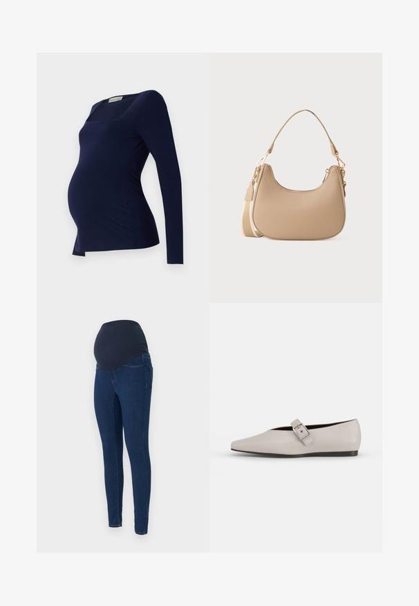 Anna Field MAMA by Zalando Camiseta de manga larga - dark blue; Jeans de maternidad en denim azul oscuro, con una cinturilla elástica oscura y un diseño ajustado con bolsillos.; Zapato plano de cuero beige con punta afilada, un detalle de hebilla lateral y suela negra baja. Textura suave y diseño minimalista.; Pequeña bolsa de hombro beige con parte superior curvada, correa larga desmontable y cierres de tono dorado sobre un fondo blanco liso.