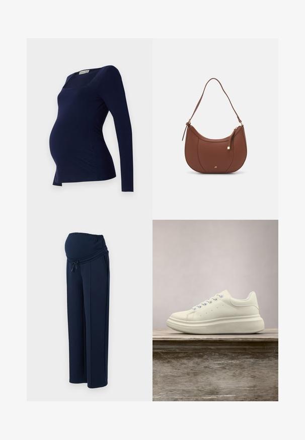 Anna Field MAMA by Zalando Longsleeve - dark blue; Marine zwangerschapsbroek gemaakt van zachte stof, met een elastische tailleband en verstelbaar koord, voorzien van twee zijzakken voor gemak.; Witte leren sneaker met ronde neus, gladde textuur en contrasterende veters. Heeft ventilatiegaten en een dikke rubberen zool voor comfort.; Bruine faux leren schoudertas met een gebogen vorm, minimale stiksels en een gouden hardware-accent. Voorzien van een bovenste ritsluiting en een verstelbare schouderband.