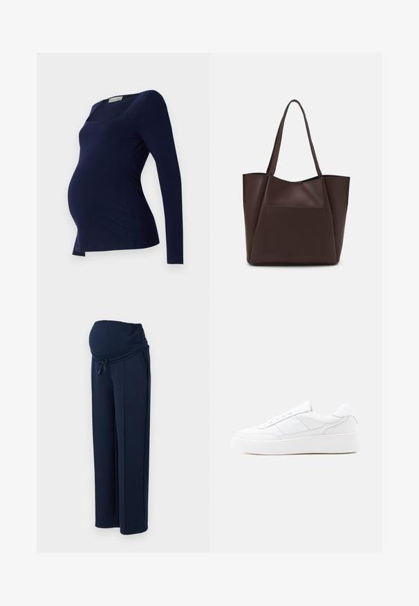 Anna Field MAMA by Zalando Langærmet T-shirt - dark blue; Mørkeblå graviditetsbukser lavet af blødt stof, med en elastisk talje og justerbar snor, samt to sidelommer for ekstra bekvemmelighed.; Hvid lavtop-sneaker med tyk sål, snørelukning og diskrete syningsdetaljer på en ensfarvet lys baggrund.; Brun tote taske lavet af glat materiale, med en stor frontlomme, to håndtag og et forenklet, struktureret design.
