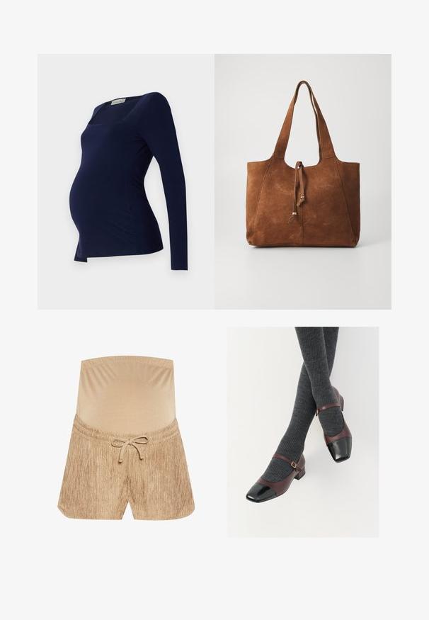 Anna Field MAMA by Zalando T-shirt à manches longues - dark blue; Shorts beiges avec une taille élastique, un cordon de serrage et un tissu texturé affichant un motif à rayures verticales.; Chaussures Mary Jane en cuir bordeaux avec un contrefort en verni noir et une fine sangle à la cheville ; portées avec des chaussettes côtelées gris foncé. Talon carré bas.; Sac fourre-tout en daim marron avec deux longues poignées, fermeture à cordon et texture lisse. Présente un design simple et des accents minimaux.