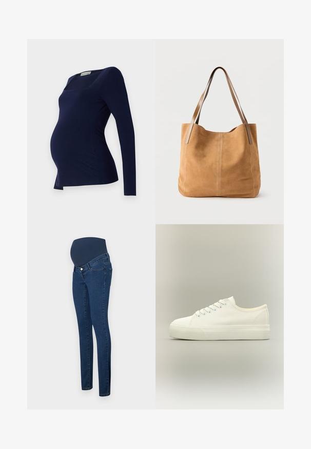 Anna Field MAMA by Zalando Top s dlhým rukávom - dark blue; Tehotenské džínsy v tmavo modrom denime so strečovým, pevným námorníckym panelom pre podporu brucha. Obsahujú štíhly strih a tradičný dizajn s piatimi vreckami.; Biele nízke plátené tenisky so šnurovaním vpredu a hrubou textúrovanou gumovou podrážkou na neutrálnom pozadí.; Béžová semišová taška typu tote s dlhými svetlohnedými koženými popruhmi, jemnou textúrou a jednoduchým prešitím na bielom pozadí.