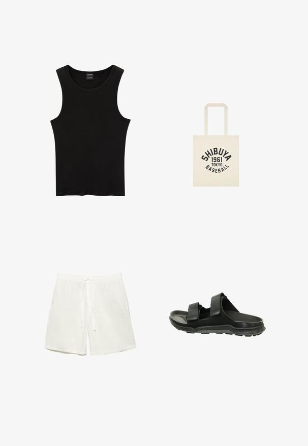 Zwarte geribbelde tanktop met een ronde halslijn en wijde armsgaten, gemaakt van een zachte, rekbare stof. Label: Pull&Bear.; Witte casual shorts met een elastische tailleband en verstelbare trekkoord, voorzien van zijzakken en een losse pasvorm.; Zwarte sandalen hebben twee verstelbare banden, een textuur bovenmateriaal en een gevoerde zool met een stevige bodem voor grip.; Beige boodschappentas met twee hengsels en zwarte tekst 'Shibuya 1961 Tokyo Baseball' centraal aan de voorkant.