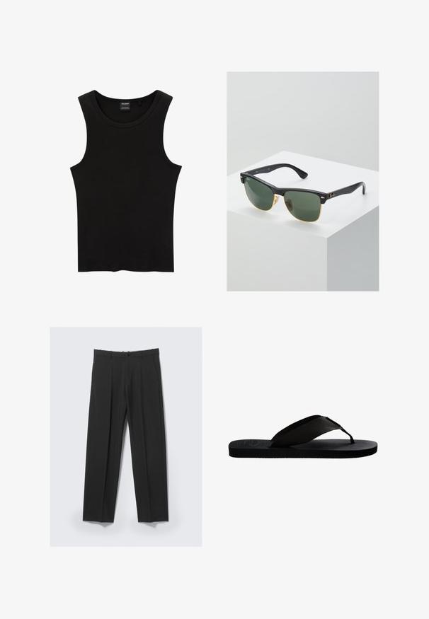 Débardeur noir à côtes avec un col rond et de larges emmanchures, fabriqué à partir d'un tissu doux et extensible. Étiquette : Pull&Bear.; Pantalon noir ajusté avec plis avant, poches latérales, passants de ceinture et fermeture par bouton à la taille sur un fond clair.; Tongs noires avec une semelle en caoutchouc texturé, un passe-orteil en tissu et une bandoulière tissée. Design plat avec une apparence minimaliste.; Lunettes de soleil Ray-Ban avec des verres verts, monture en plastique noir et accents dorés sur les bords. Forme carrée avec une finition mate.