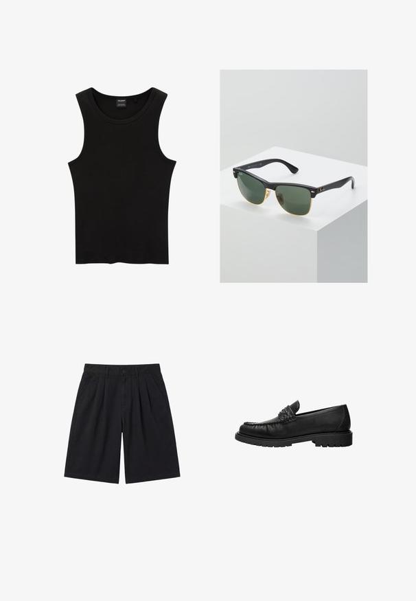 Débardeur noir à côtes avec un col rond et de larges emmanchures, fabriqué à partir d'un tissu doux et extensible. Étiquette : Pull&Bear.; Short noir longueur genou avec plis devant, poches latérales, passants de ceinture et fermeture par bouton à la taille, présenté à plat sur fond blanc.; Mocassin en cuir noir avec dessus cousu, détail de bride cloutée et semelle épaisse à crampons, présenté en profil latéral sur fond blanc.; Lunettes de soleil Ray-Ban avec des verres verts, monture en plastique noir et accents dorés sur les bords. Forme carrée avec une finition mate.