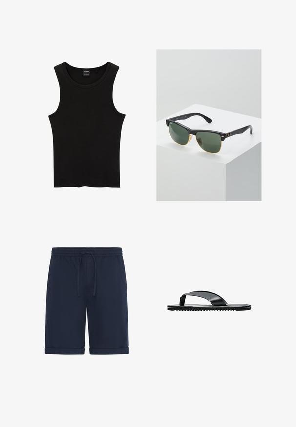 Sort ribbet tanktop med rund halsudskæring og brede ærmegab, lavet af en blød, strækbar stof. Mærke: Pull&Bear.; Mørkeblå shorts lavet af letvægtsstof med elastisk linning med snøre og opbrettede kanter. Glat tekstur, afslappet design.; Sort flad flip-flop sandal med bred tårem og tekstureret sål, vist i profil på hvid baggrund.; Ray-Ban solbriller med grønne linser, sorte plastikstel og gyldne detaljer ved kanterne. Firkantet form med mat finish.