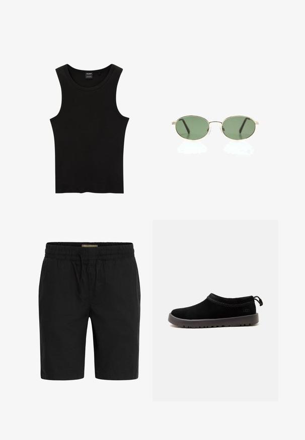 Sort ribbet tanktop med rund halsudskæring og brede ærmegab, lavet af en blød, strækbar stof. Mærke: Pull&Bear.; Sorte shorts lavet af et letvægtsstof, med en elastisk talje og snøre, samt sidelommer for bekvemmelighed.; Sort slip-on sko med grå tyk sål, lav profil, syninger langs kanten og trækstrop bagpå, vist fra siden på en hvid baggrund.; Ovale solbriller med tynd ramme i guldmetal og grøntonede linser på hvid baggrund.