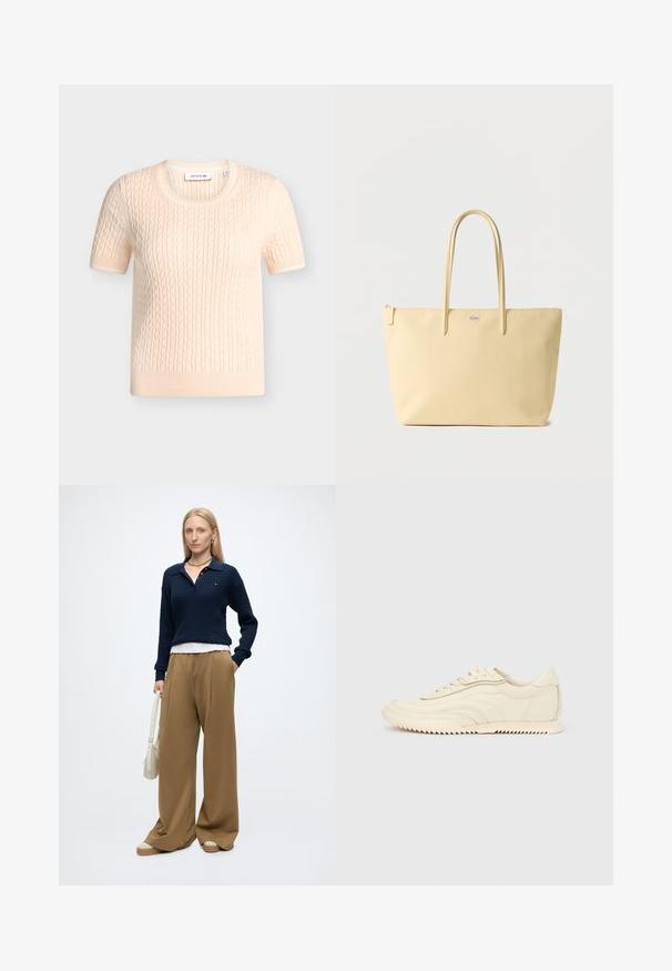 Pull crème à manches courtes en maille torsadée avec col rond et petit logo sur la poitrine, posé à plat sur un fond uni.; Femme aux cheveux blonds raides portant un pull bleu marine, un pantalon large beige, des chaussures beiges, des bijoux en or, et tenant un sac à main blanc avec une main dans la poche.; Baskets basses de couleur crème avec des coutures ondulées, une fermeture à lacets et une semelle crantée, vues de côté sur un fond uni.; Sac fourre-tout beige avec double poignées, fermeture éclair et un petit logo argenté centré près du haut.