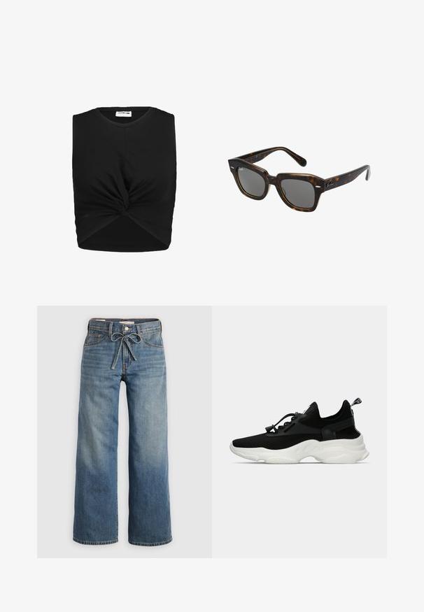 Zwarte mouwloze top van zacht materiaal, met een gedraaide knoopdetail aan de voorkant en een getailleerde pasvorm.; Lichtblauwe wijdlopende spijkerbroek van denim, met een trekkoord in de taille, twee voorzakken en subtiele vervaging voor textuur.; Zwarte lage sneaker met dikke witte zool, bovenkant van mesh, elastische veters en een trekband op de hak tegen een effen lichte achtergrond.; Rechthoekige zonnebril met een schildpad-print kunststof montuur, donkere lenzen en zilveren accenten aan de zijkanten. gemaakt in Italië.