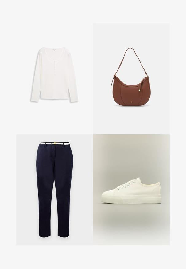 Hvid ribbet langærmet top med rund halsudskæring og en delvis knaplukning. Blød tekstur, tætsiddende design og minimalistisk stil.; Marineblå chinos med en slim fit, bomuldsstof og et hvidt bælte med en guldtonet spænde. Glat tekstur, lige ben, minimalistisk design.; Hvid lavtop lærreds-sneaker med snørelukning foran og tyk, tekstureret gummisål på en neutral baggrund.; Brun faux læder skuldertaske med buet form, minimal syning og en guldtonet hardwaredetalje. Har en top lynlåslukning og justerbar rem.