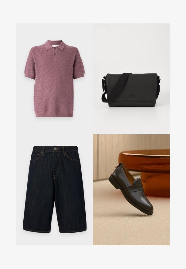 Kortærmet polo-shirt i mauve med et struktureret zigzag-mønster, en spids krave og to knapper på placket. Blødt strikkemateriale.; Mørke denimshorts med lige snit, featuring gul syning, fem lommer og en lukning med knap foran. Glat tekstur.; Sort læderloafer med lav hæl svævende over beige tæppe ved siden af et blankt ravfarvet bord i et minimalistisk rum.; Lacoste MESSENGER BAG MEN CLASSIC - Skuldertasker - noir