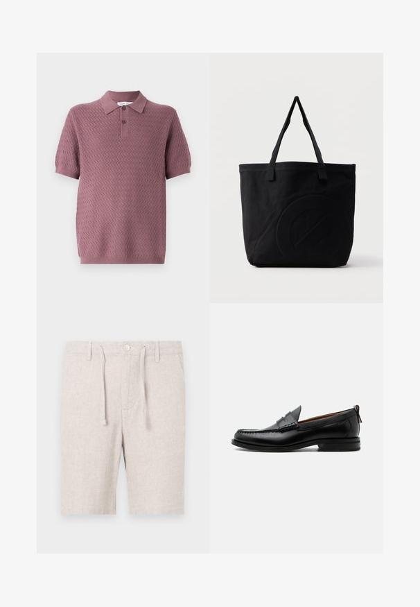 Kortærmet polo-shirt i mauve med et struktureret zigzag-mønster, en spids krave og to knapper på placket. Blødt strikkemateriale.; Lys grå shorts lavet af tekstureret stof med et fiskebensmønster. Har en elastisk talje, snor og sidelommer.; Sort læder herre loafer med moc-tå syning, penny strop, struktureret krave og lav stablet hæl på hvid baggrund.; Sort canvas-tote-taske med to skulderstropper og et diskret præget cirkeldesign på fronten.