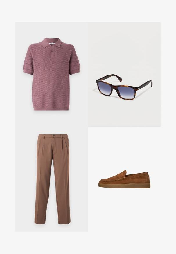 Kortærmet polo-shirt i mauve med et struktureret zigzag-mønster, en spids krave og to knapper på placket. Blødt strikkemateriale.; Brune plisserede bukser med lige ben-design, der har en enkelt knaplukning og en glat, struktureret stof.; Brune suedeloafers med lav profil. Har en syet detalje over vampsen og en gummisål for greb og komfort.; Skildpaddemønstrede rektangulære solbriller med gradient blå linser og lige stænger på en hvid baggrund.